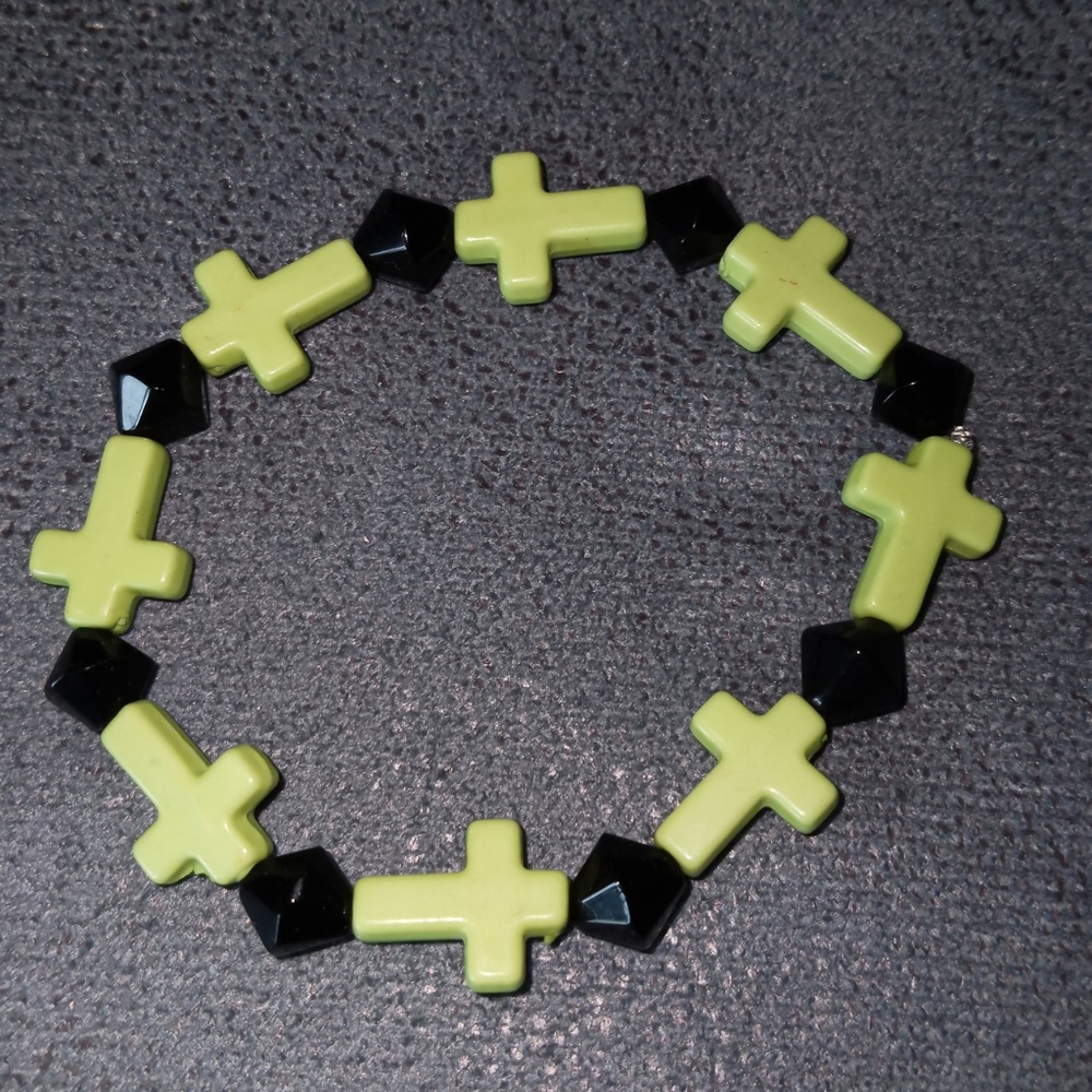 New lime green cross and crystal statement bracelet stretchy